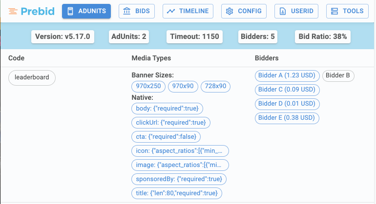 Professor Prebid AdUnits screen